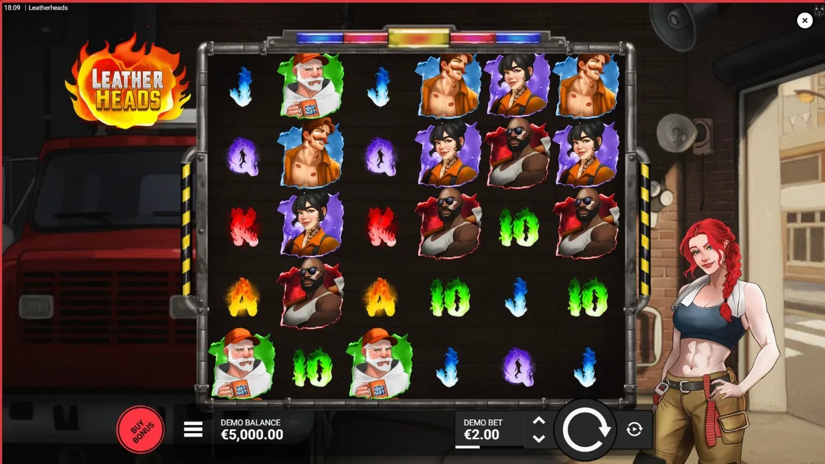 Tampilan layar slot Leatherheads dengan tema pemadam kebakaran neon