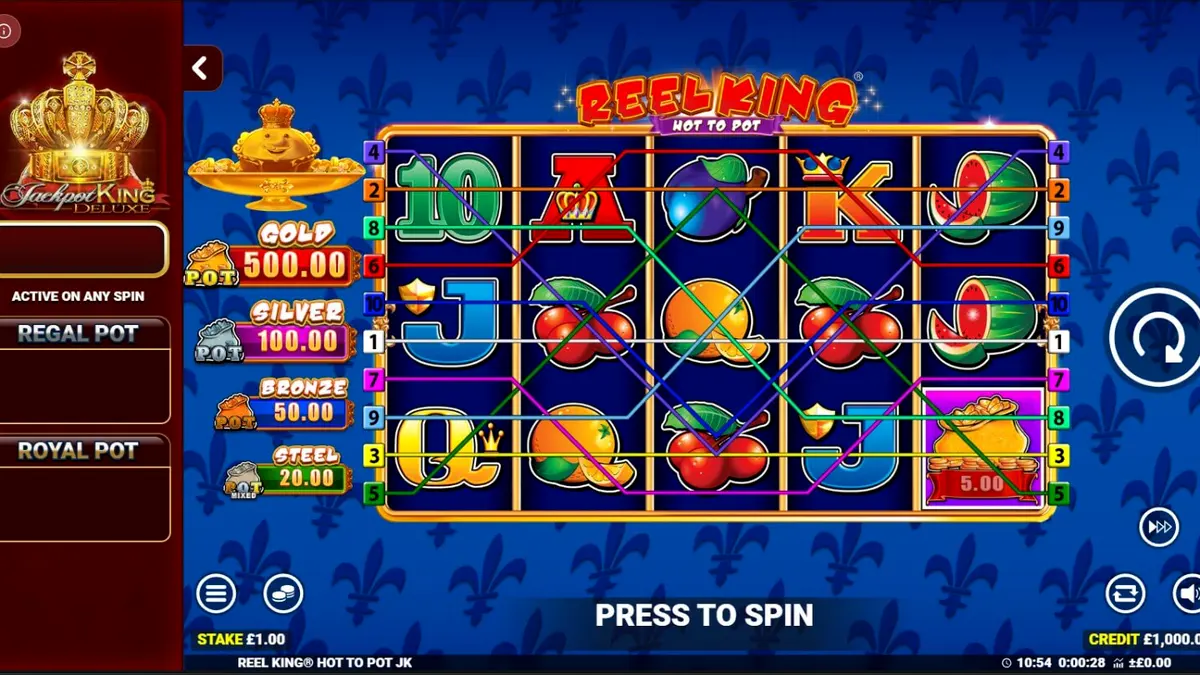 Tampilan visual mesin slot Reel King Hot to Pot dengan simbol buah dan mahkota emas