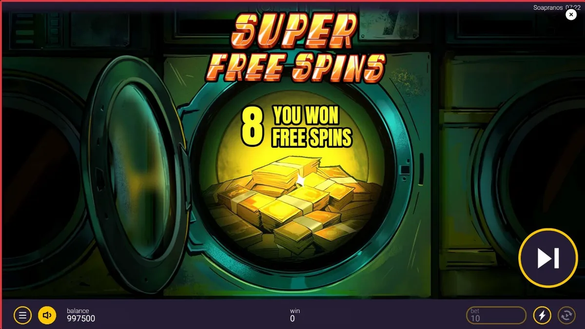 Tampilan visual slot The Soapranos dengan tema komedi mafia dan laundromat.